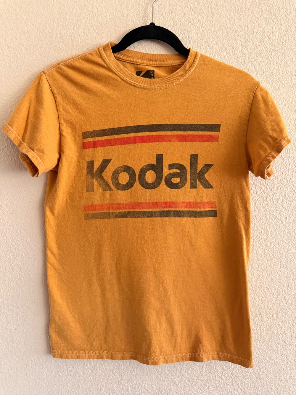 Kodak Retro Logo Tee in Mustard Gold with Red & Brown Stripes